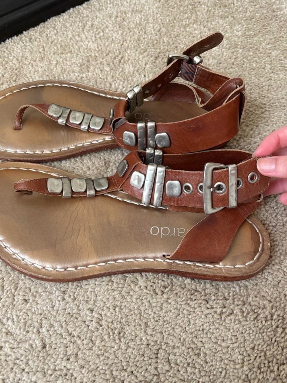 Bernardo Brown Leather T-Strap Sandals with Silver Studs - Picture 5 of 7